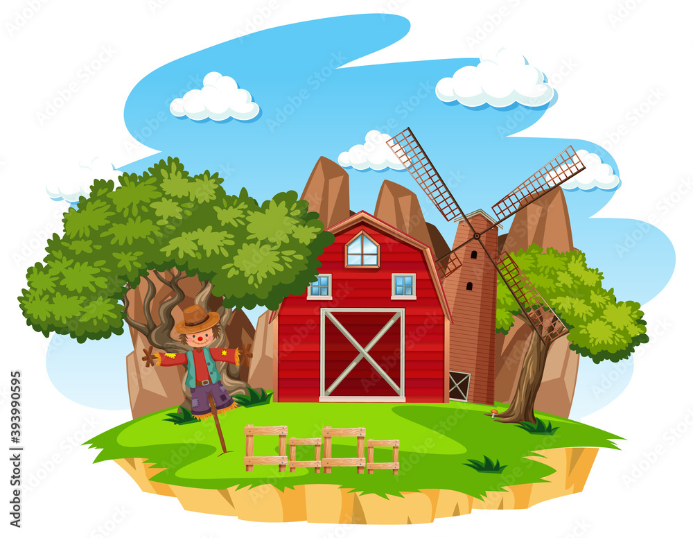 Farm with red barn and windmill on white background