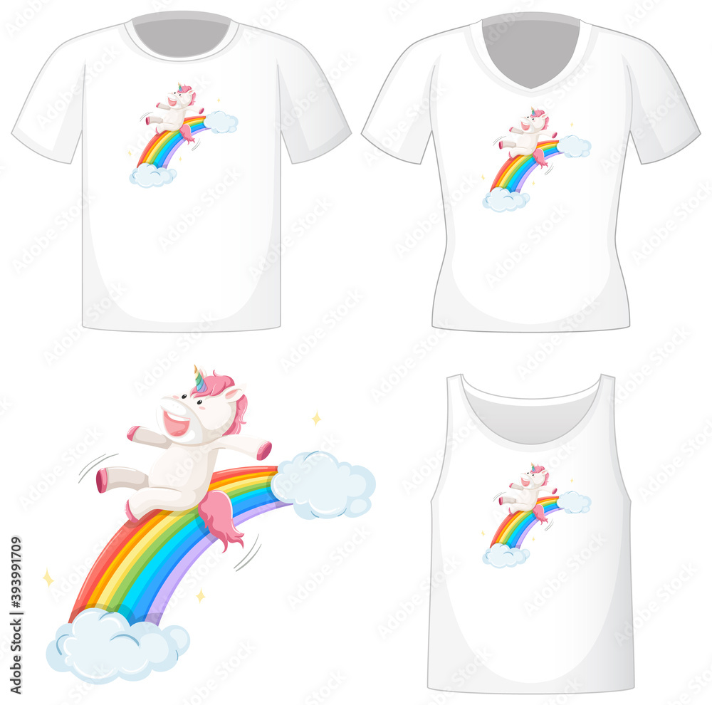 Cute unicorn logo on different white shirts isolated on white background