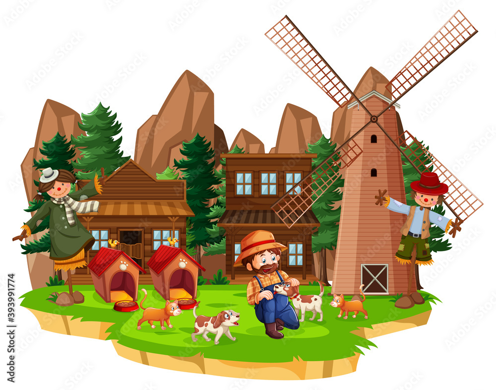 Farm with red barn and windmill on white background