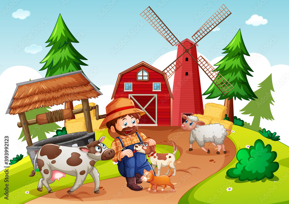 Farmer with animal farm in farm scene in cartoon style