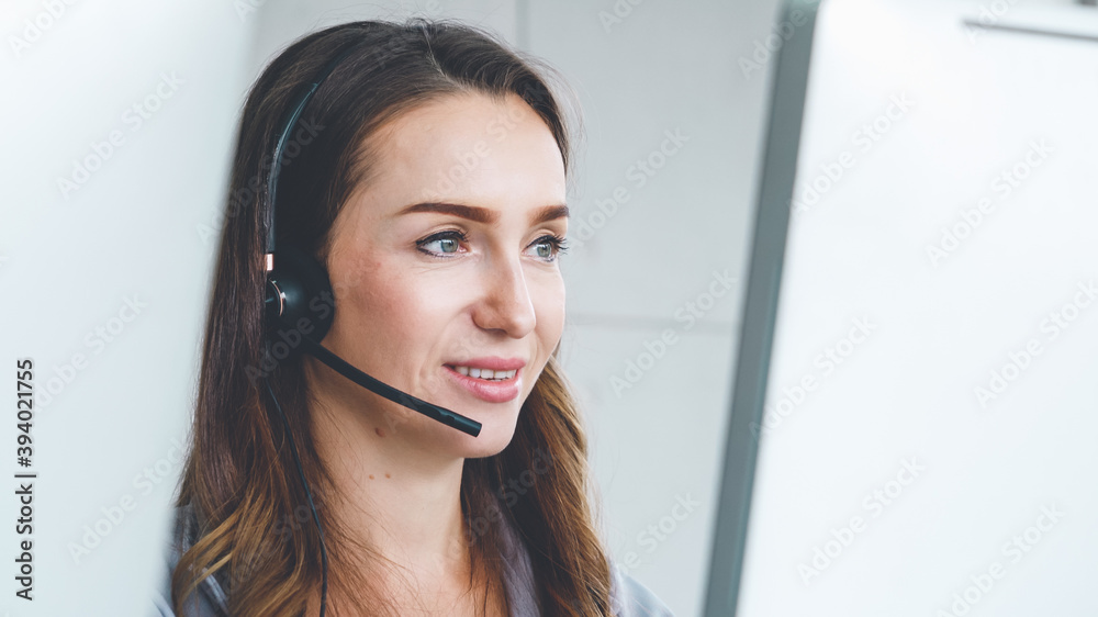 Business people wearing headset working in office to support remote customer or colleague. Call cent