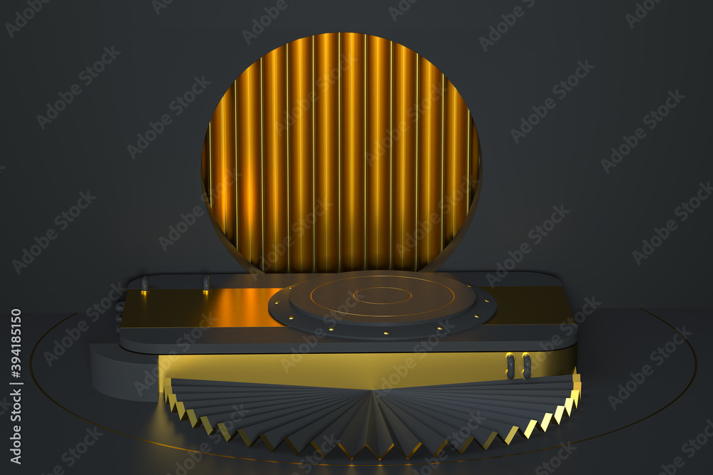 Round product stage with golden decoration, 3d rendering.