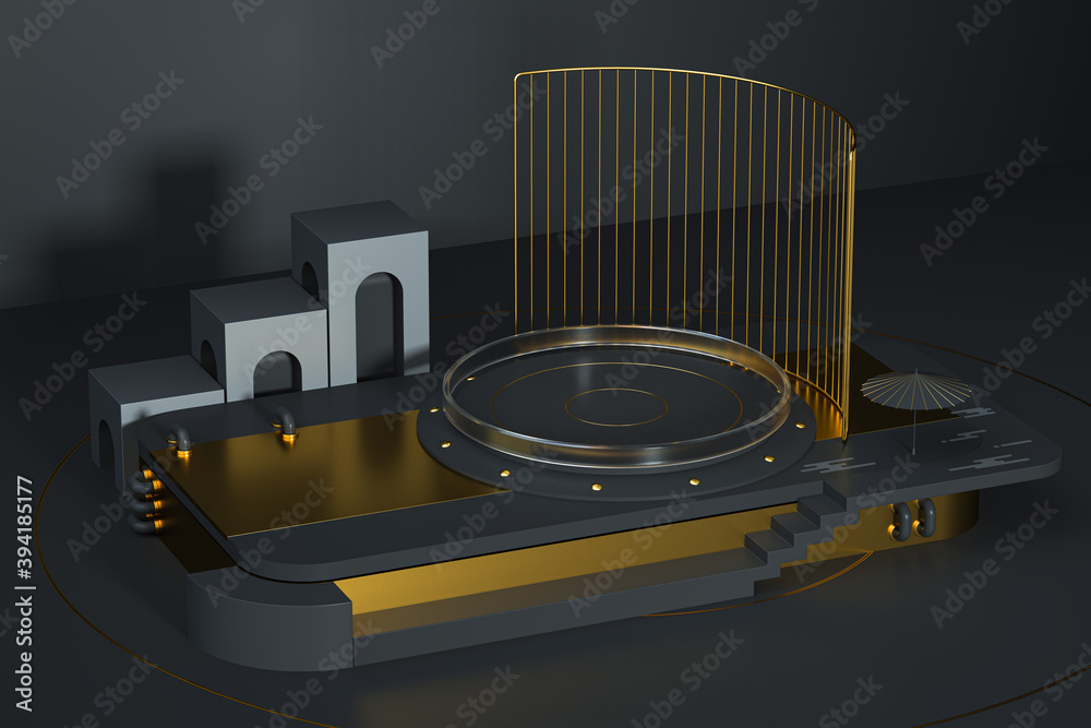 圆形产品舞台，金色装饰，3d渲染。