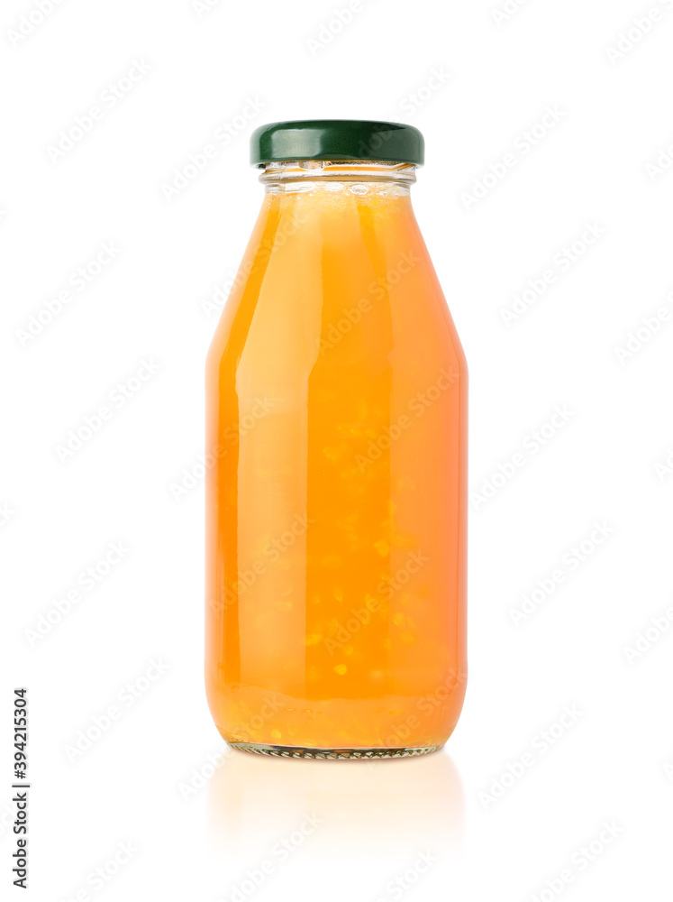 100% Natural tangerine orange juice with sacs in glass bottle isolated on white background. Clipping