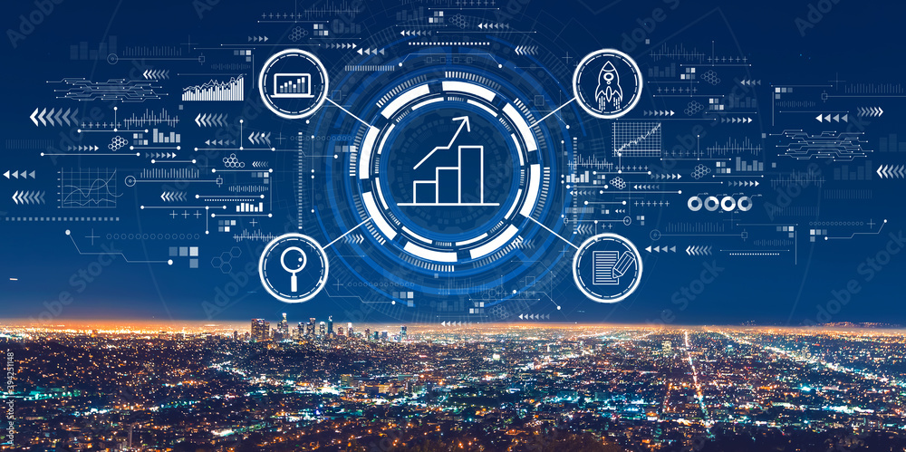 Business growth analysis with downtown Los Angeles at night