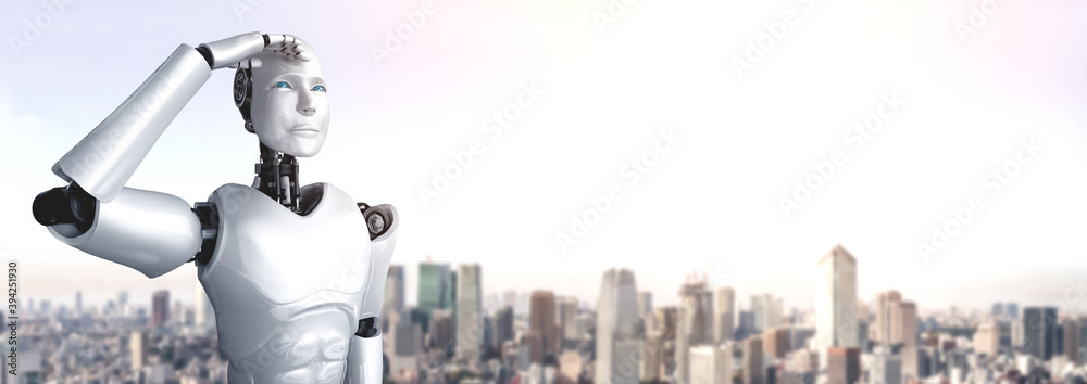 3D illustration robot humanoid looking forward against cityscape skyline . Concept of leadership, id