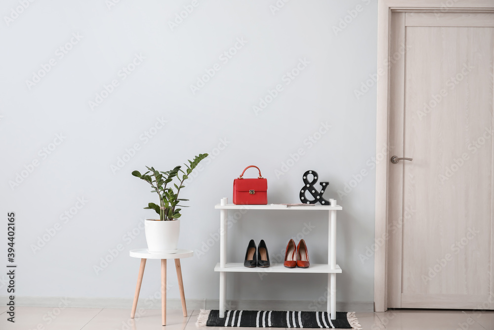 Stylish interior of modern hall with shoe stand