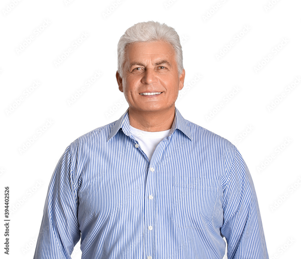 Stylish senior man on white background