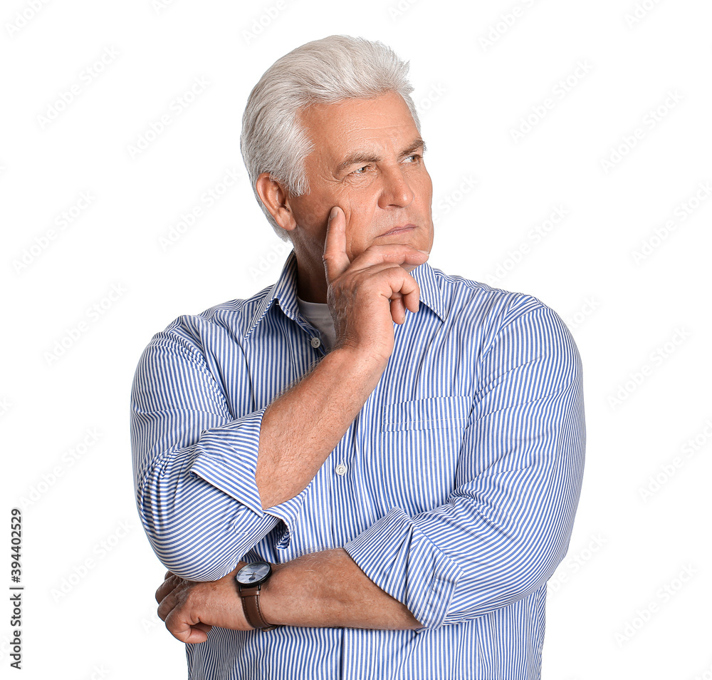 Stylish senior man on white background