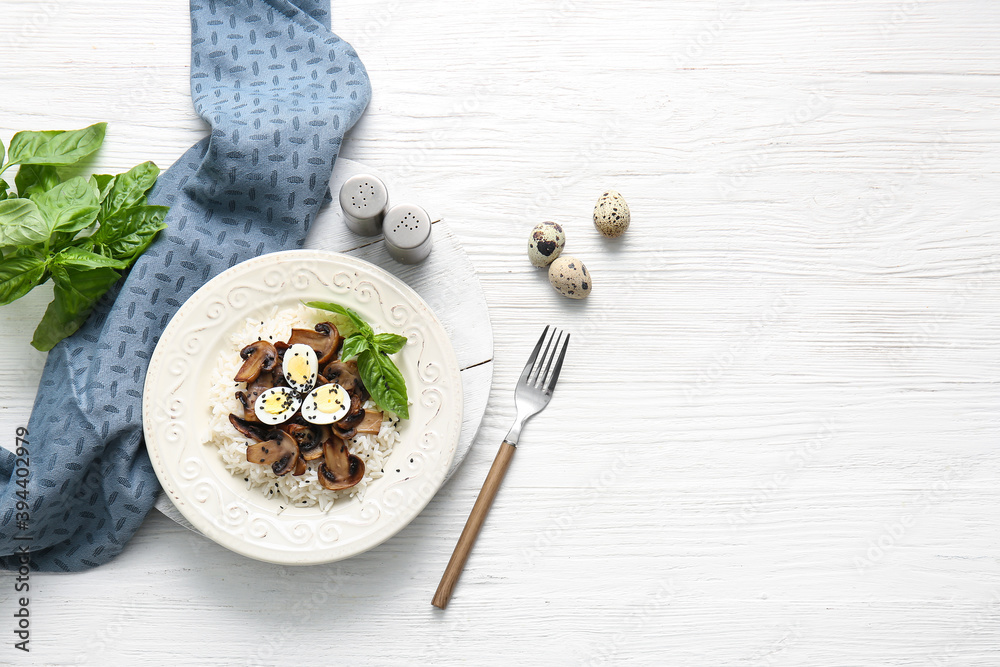 Plate of delicious rice salad with vegetables on white background