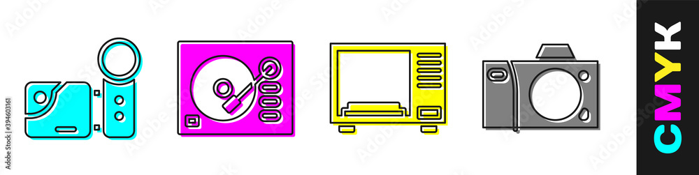 设置影院摄像机、乙烯基播放器、微波炉和照相/摄像机图标。矢量。