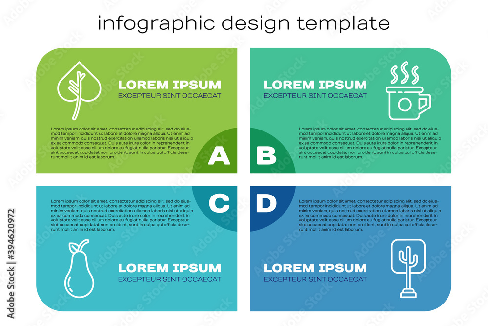 设置行梨、叶子或叶子、树和茶。商业信息图模板。矢量。
