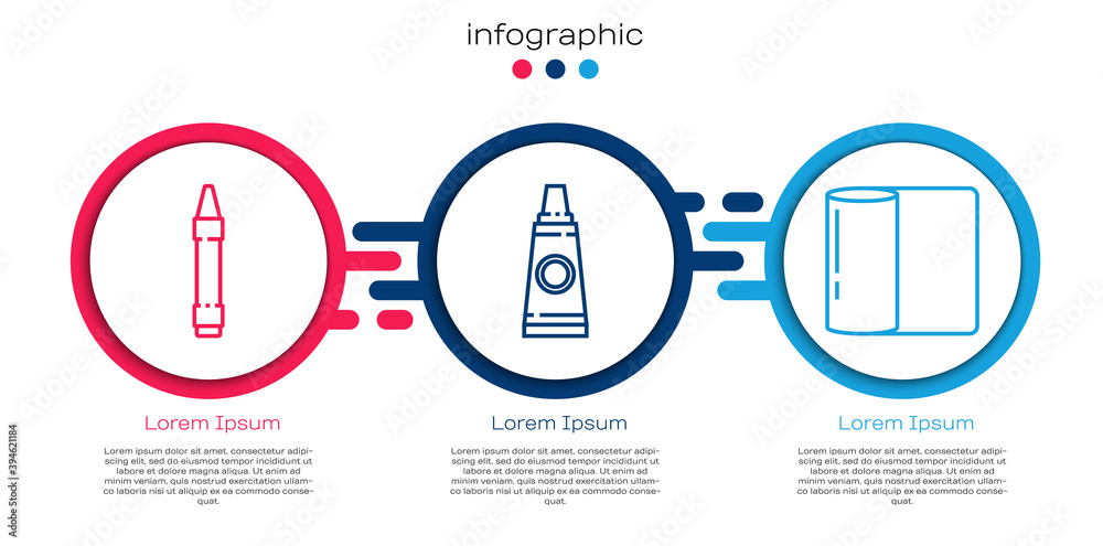 Set line Wax crayons for drawing, Tube with paint palette and Paper towel roll. Business infographic