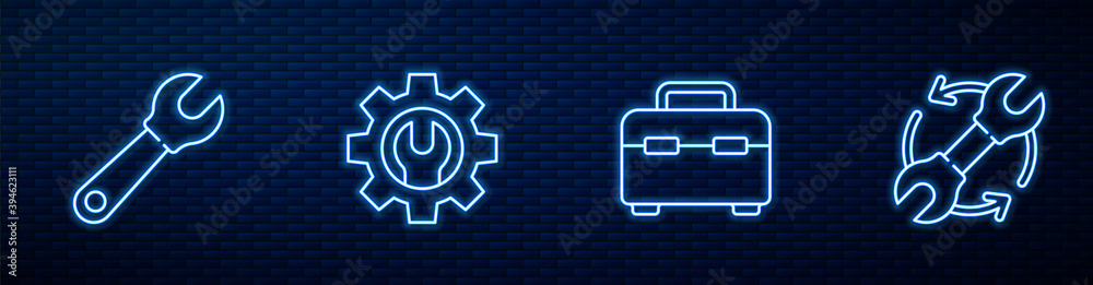 Set line Toolbox, Wrench spanner, and gear and arrows as workflow. Glowing neon icon on brick wall. 