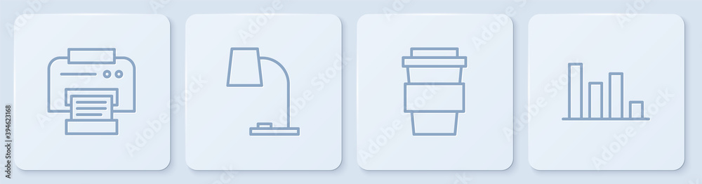 设置行式打印机、咖啡杯、台灯和饼图信息图。白色方形按钮。Vecto
