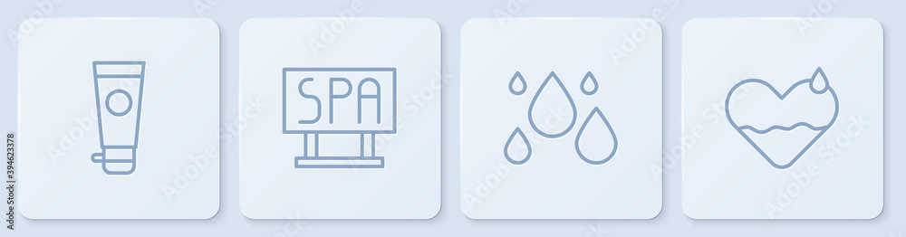 套装面霜或乳液化妆管、水滴、水疗沙龙招牌和Heart health。白色方块