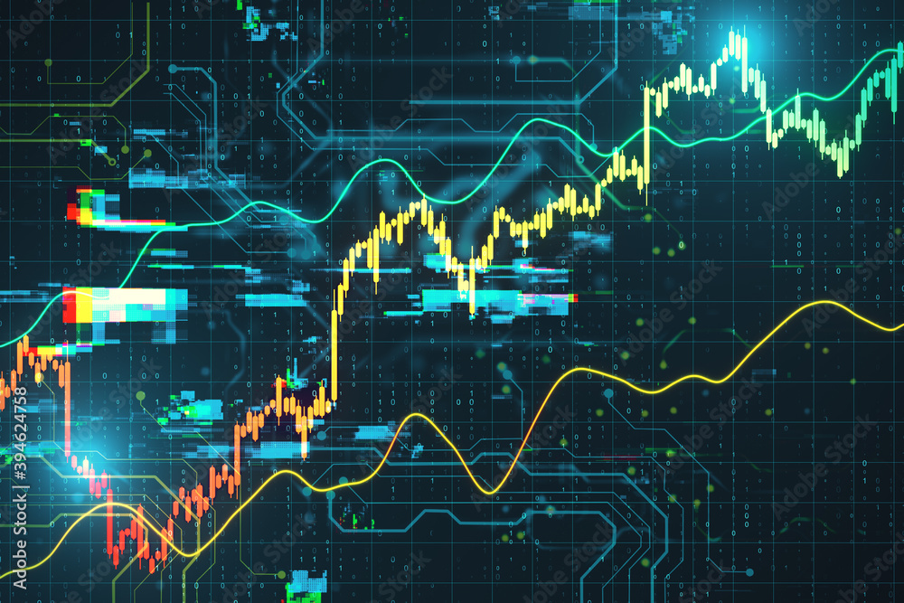 Glowing stock statistics on virtual screen.