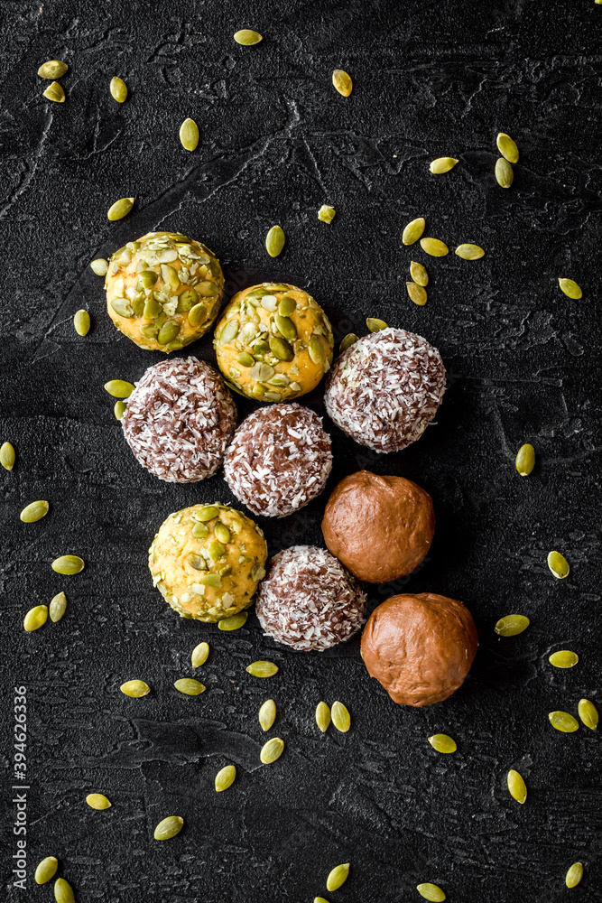 Food pattern of homemade energy balls with dried fruita and coconut