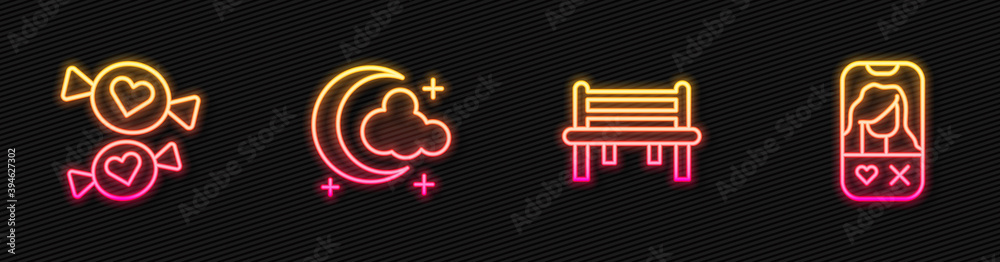 Set line Romantic bench, Candy, Moon stars and Dating app online. Glowing neon icon. Vector.