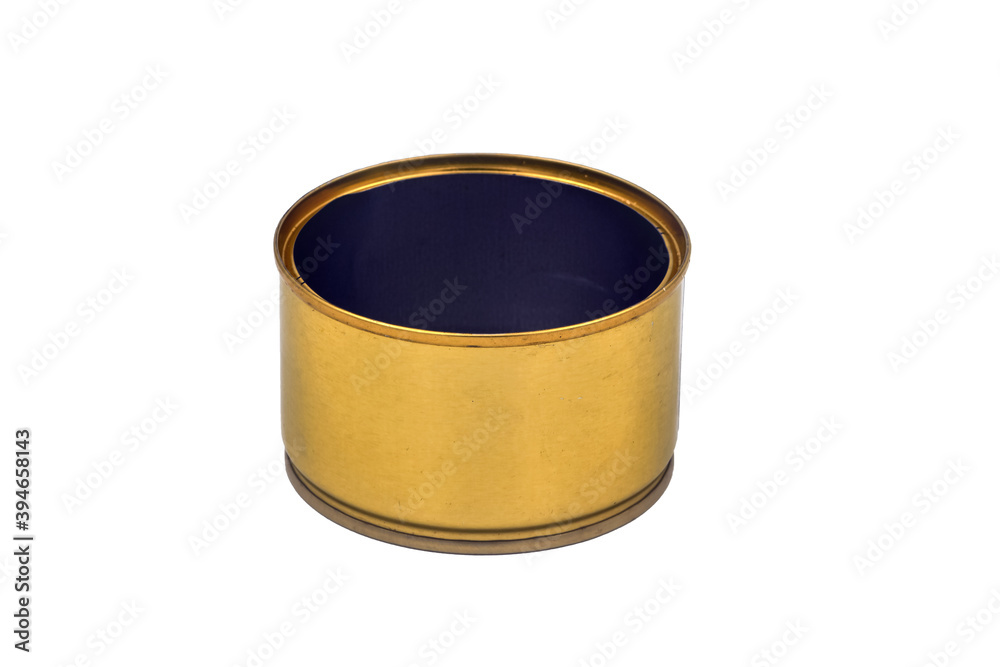 Open metal can for canned food isolated on a white background. Universal container for canning.