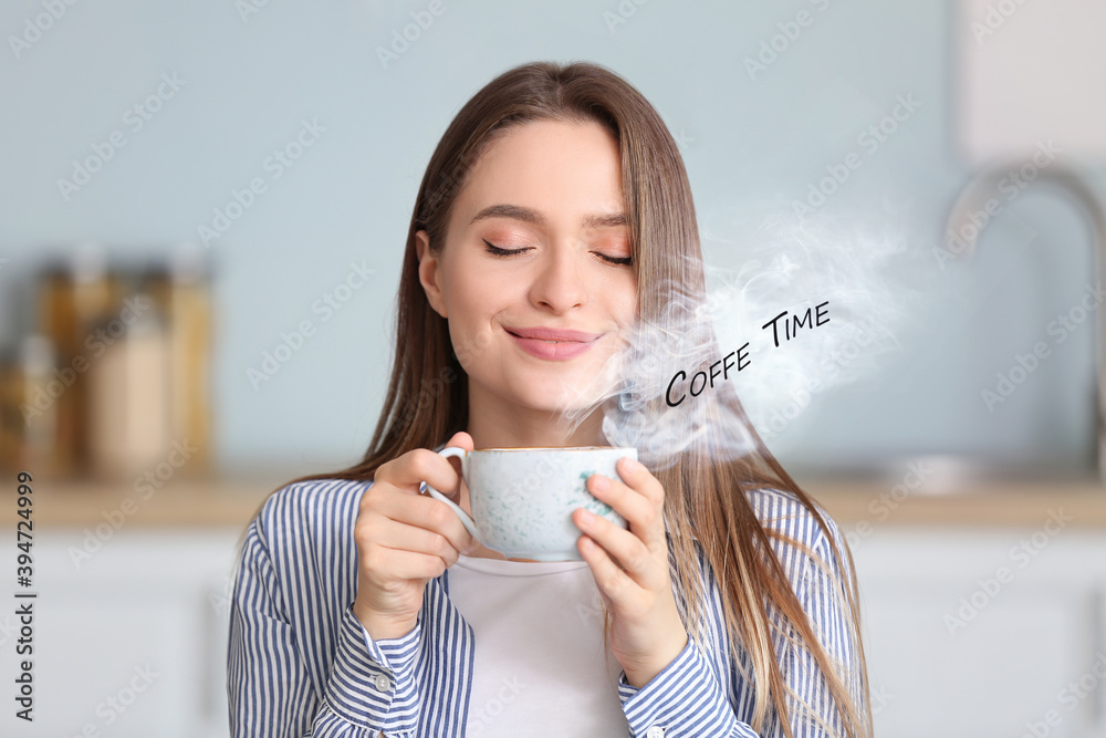 Beautiful young woman drinking coffee at home