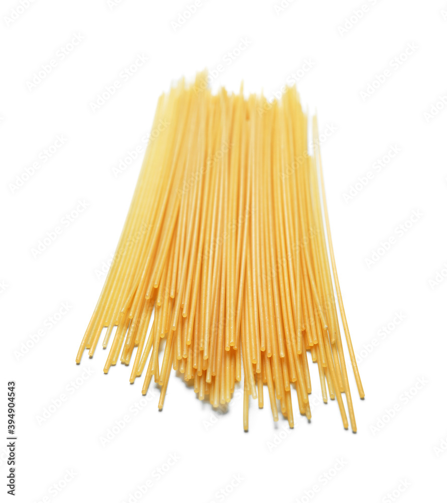 Uncooked spaghetti on white background