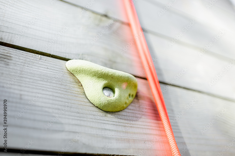 Climbing grips on the artificial climbing wall, close-up