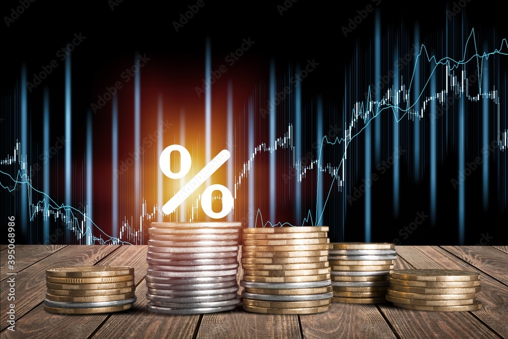 A row of coins with percents and graphics illustration