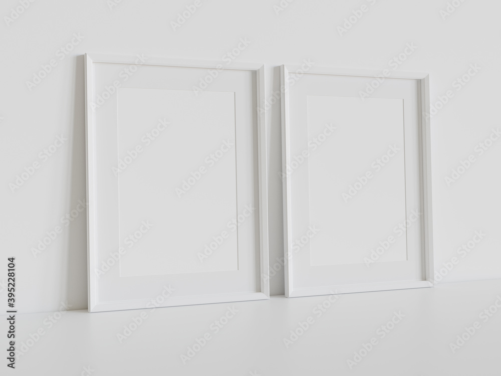 Two white frames leaning on white floor in interior mockup. Template of pictures framed on a wall 3D