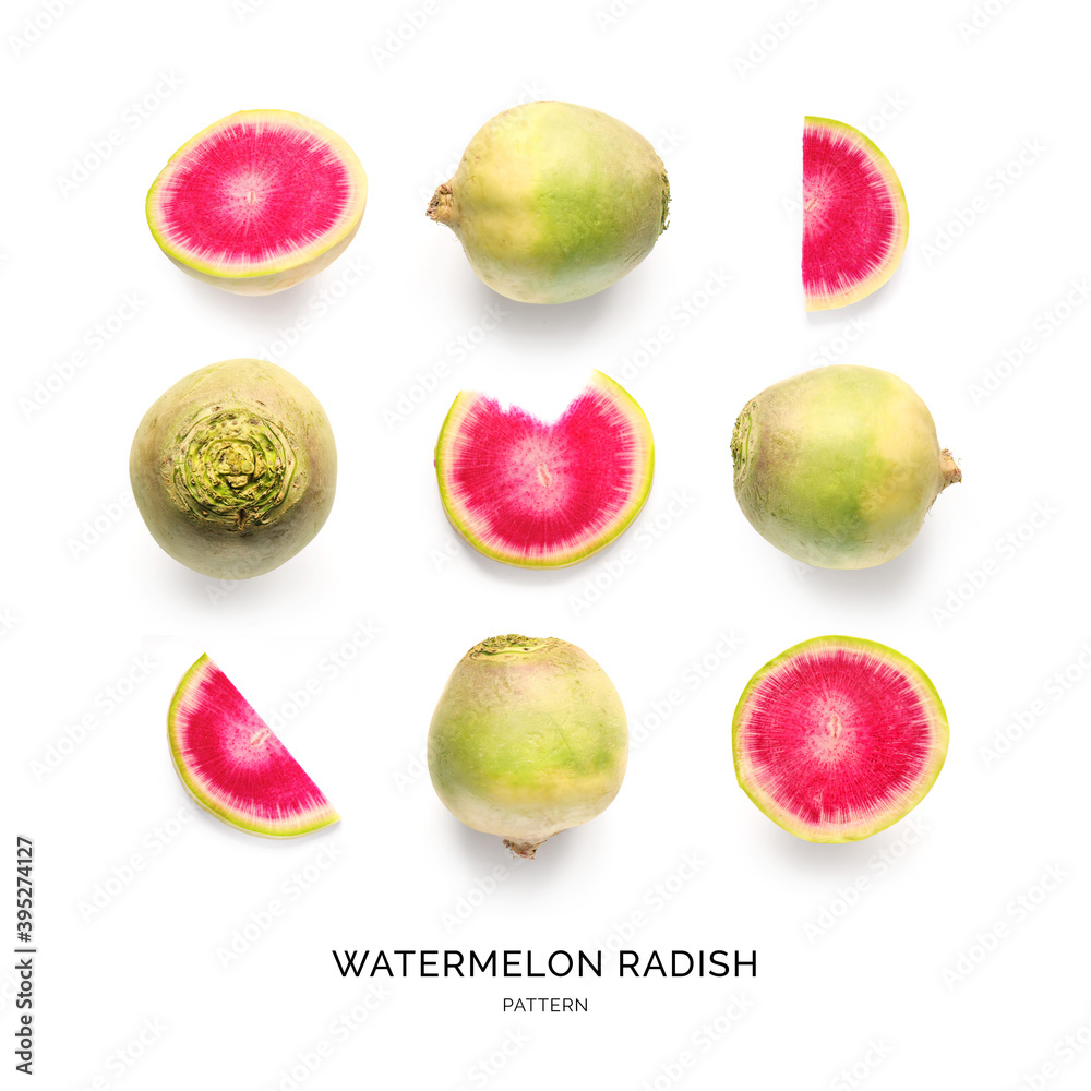 Seamless pattern with watermelon radish on the white background. Flat lay. Food concept.  