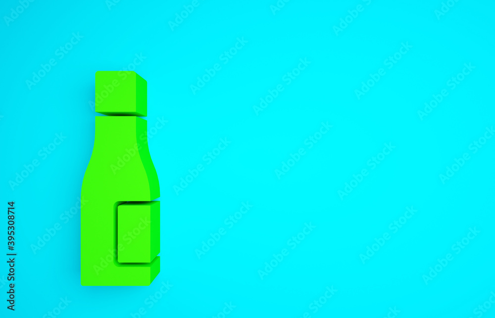 Green Bottle of water icon isolated on blue background. Soda aqua drink sign. Minimalism concept. 3d