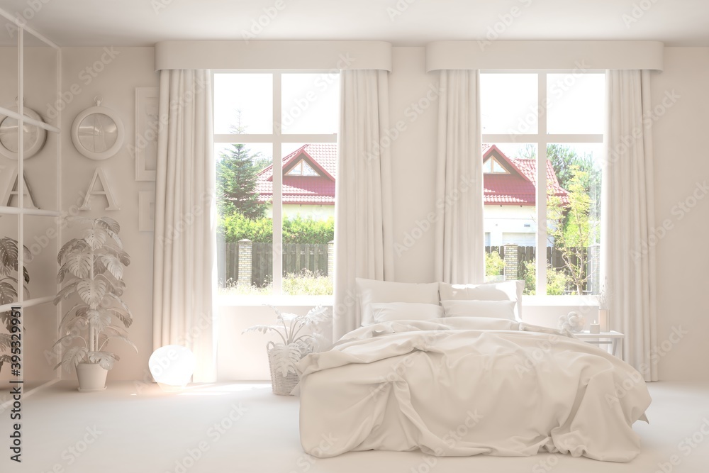 Stylish bedroom in white color with summer landscape in window. Scandinavian interior design. 3D ill