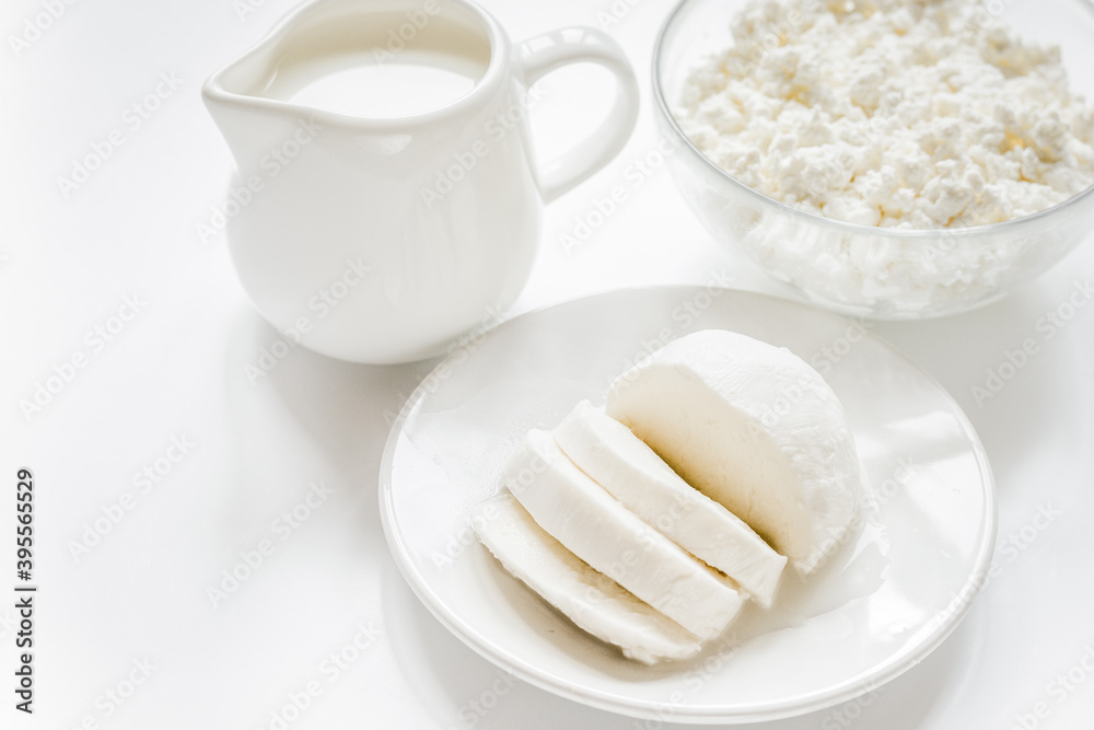 proteic breakfast concept with dairy products on table