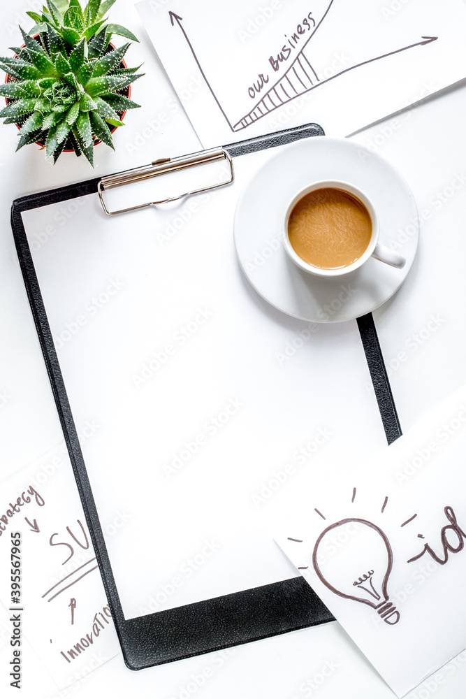 company strategy development in business on office desk background top view mockup