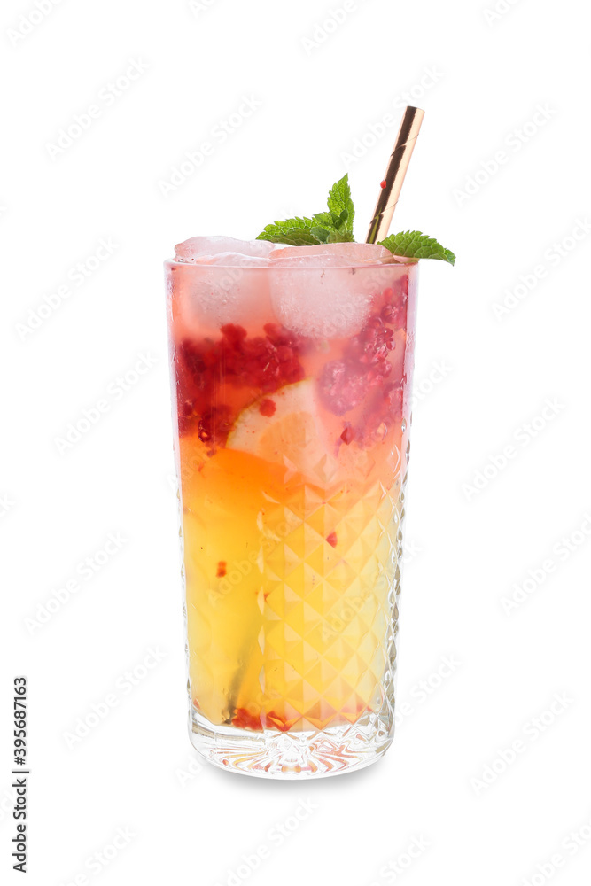 Glass of cold mojito with berries and fruits on white background