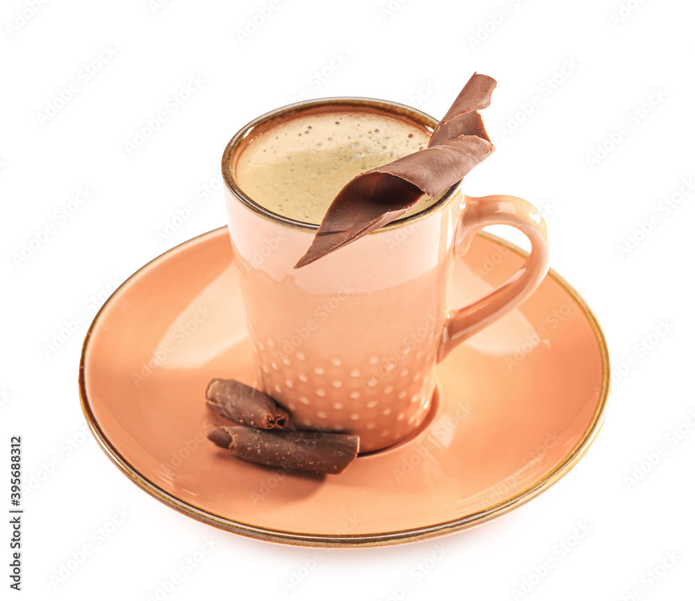 Cup of hot espresso on white background