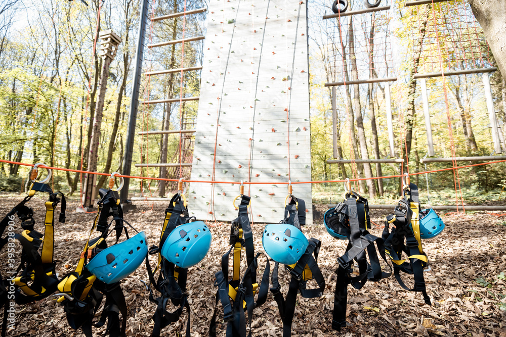 Climbing equipment hanging on the rope at amusement park outdoors