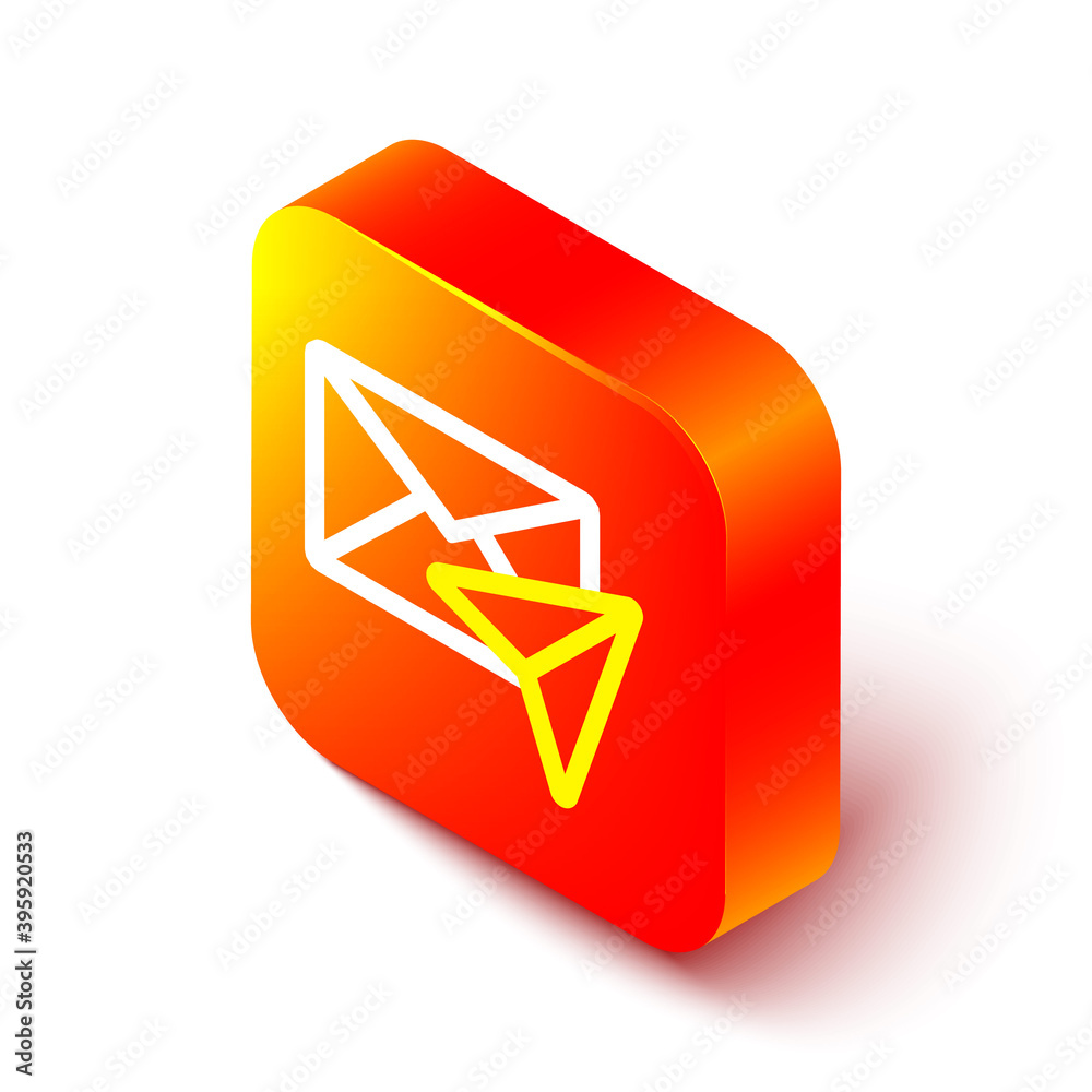 Isometric line Envelope icon isolated on white background. Email message letter symbol. Orange squar