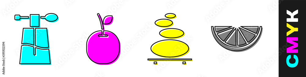 Set Perfume, Apple, Stack hot stones and Citrus fruit icon. Vector.