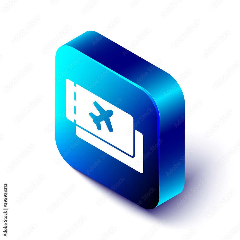 Isometric Airline ticket icon isolated on white background. Plane ticket. Blue square button. Vector