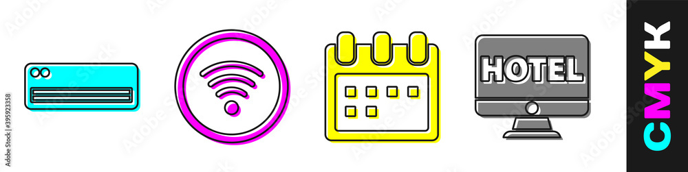 Set Air conditioner, Wi-Fi wireless internet network, Calendar and Online hotel booking icon. Vector