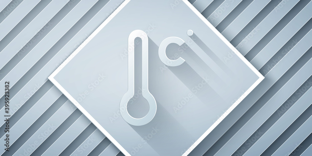 Paper cut Meteorology thermometer measuring icon isolated on grey background. Thermometer equipment 