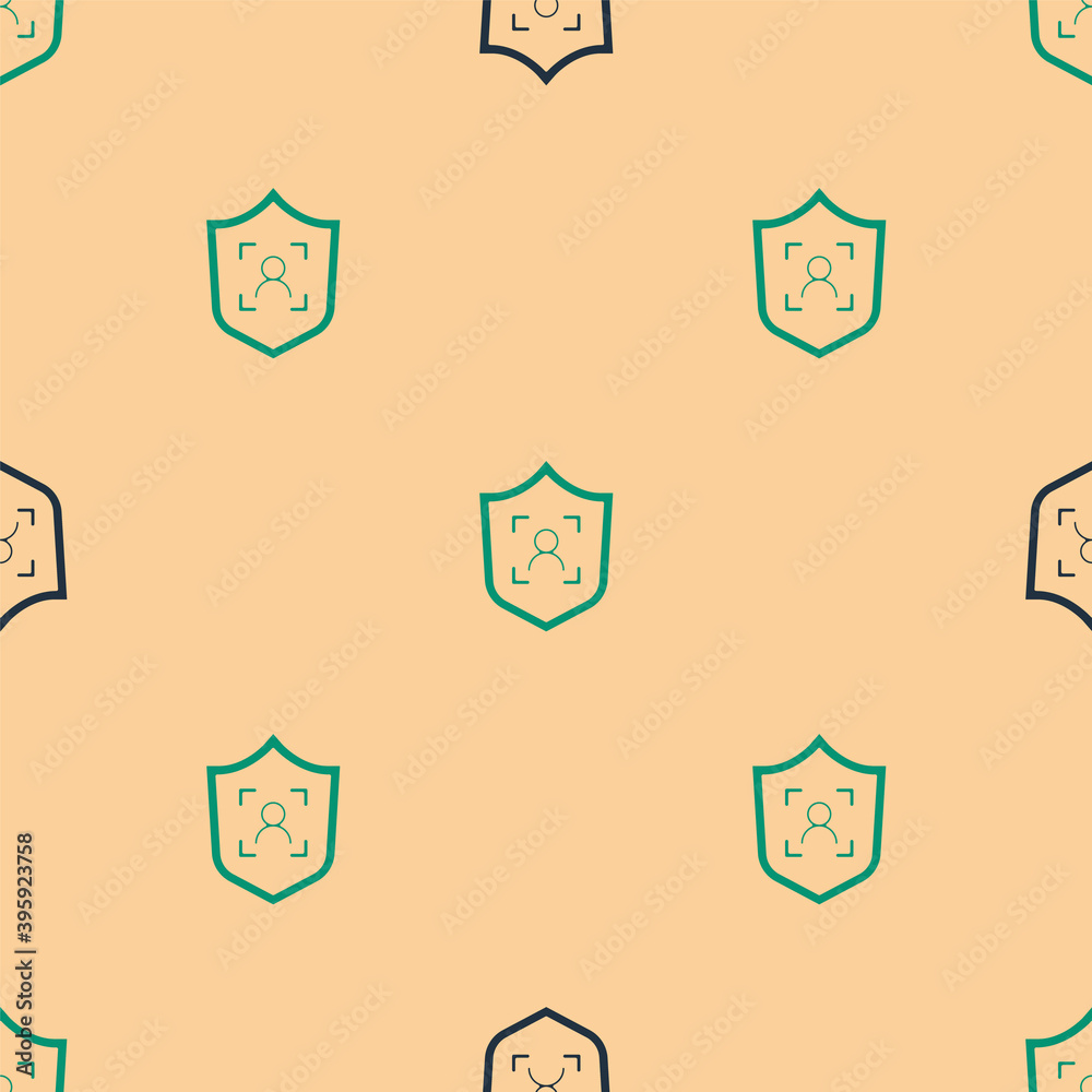 Green and black Shield face recognition icon isolated seamless pattern on beige background. Face ide