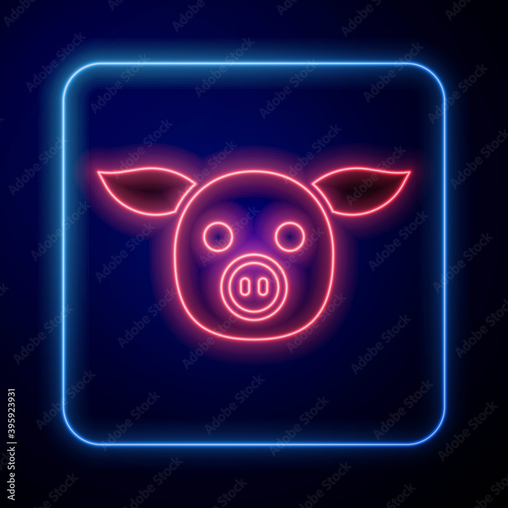 Glowing neon Pig icon isolated on blue background. Animal symbol. Vector.