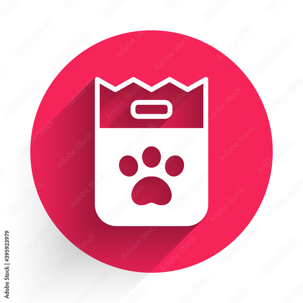 White Bag of food for dog icon isolated with long shadow. Dog or cat paw print. Food for animals. Pe