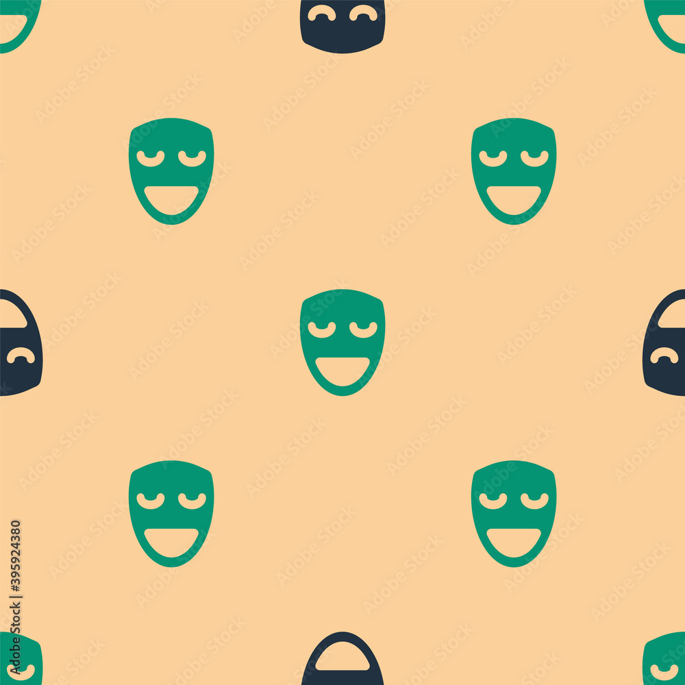 Green and black Comedy theatrical mask icon isolated seamless pattern on beige background. Vector.