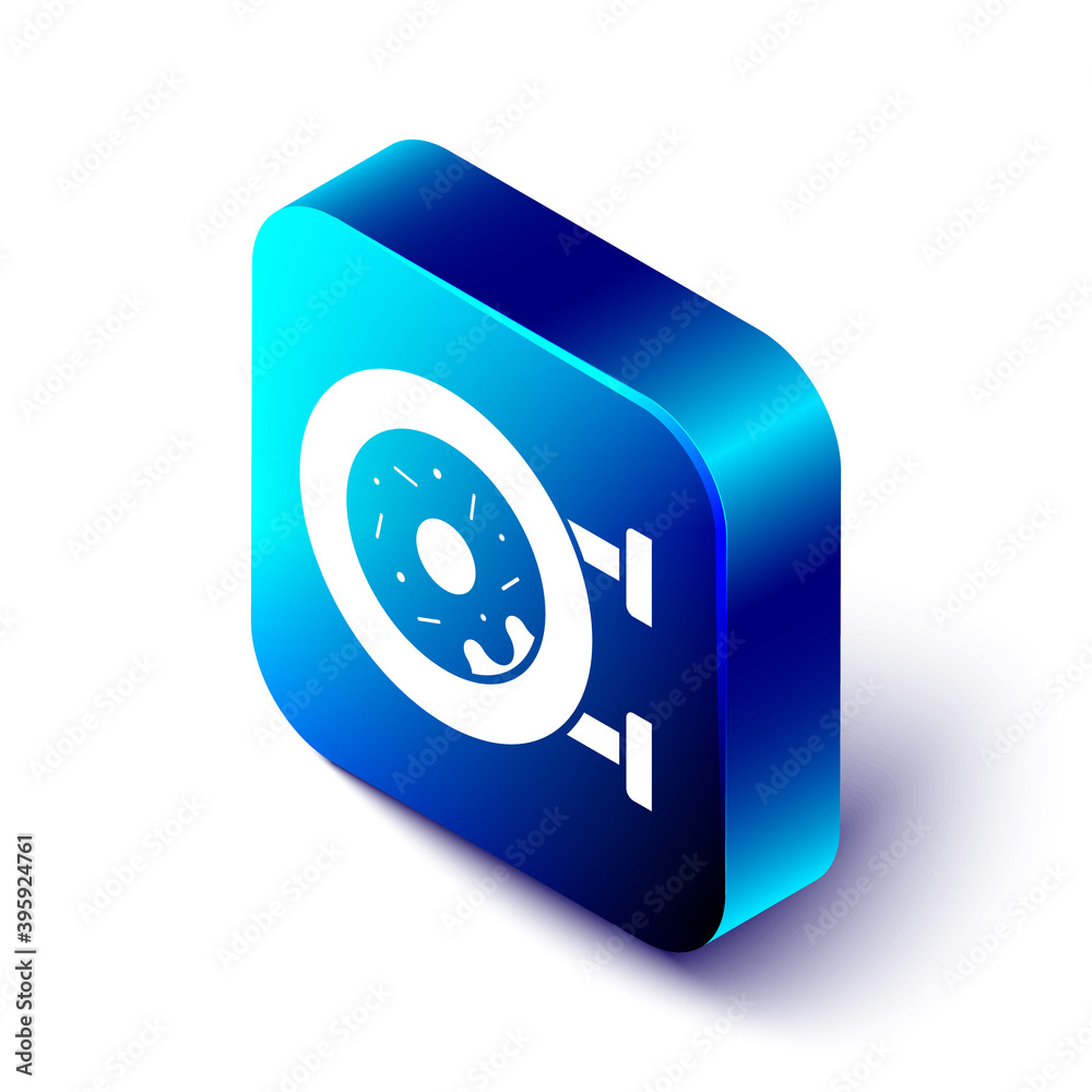 Isometric Donut with sweet glaze icon isolated on white background. Blue square button. Vector.