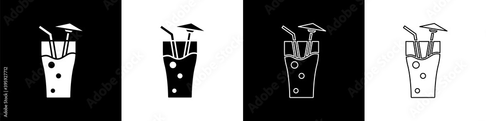 Set Cocktail and alcohol drink with umbrella icon isolated on black and white background. Vector.