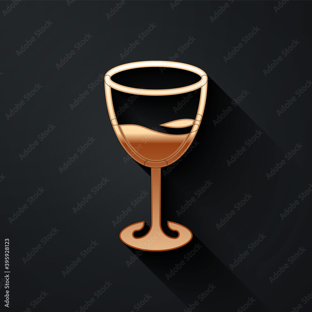 Gold Wine glass icon isolated on black background. Wineglass sign. Long shadow style. Vector.