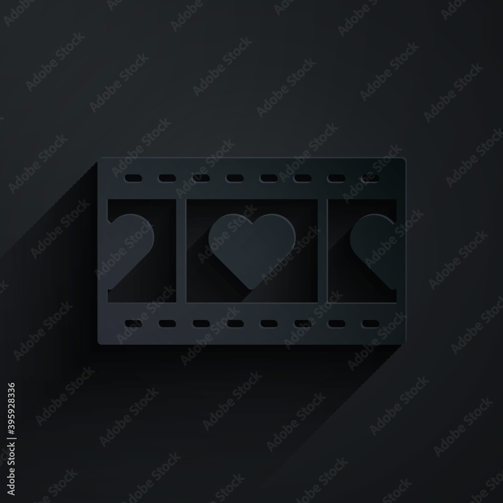 Paper cut Play Video with heart icon isolated on black background. Film strip sign. Paper art style.